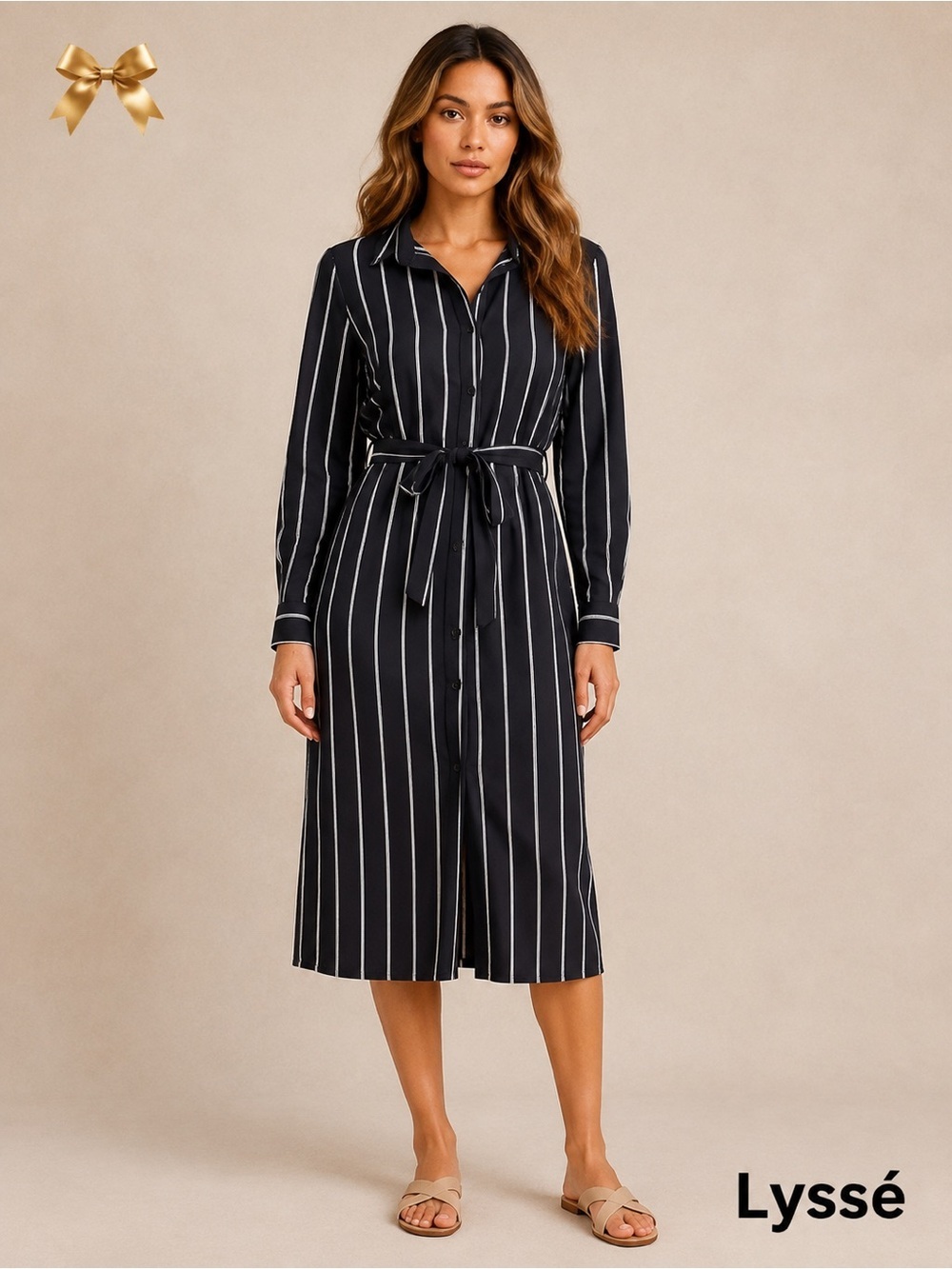 Lyssé Belted Midi Dress Striped Long Sleeve Button Down 75% Nylon Size Small
